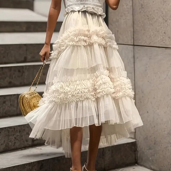 Beige Tulle Hi Low Midi Skirt Petticoat - Picture 3 of 5